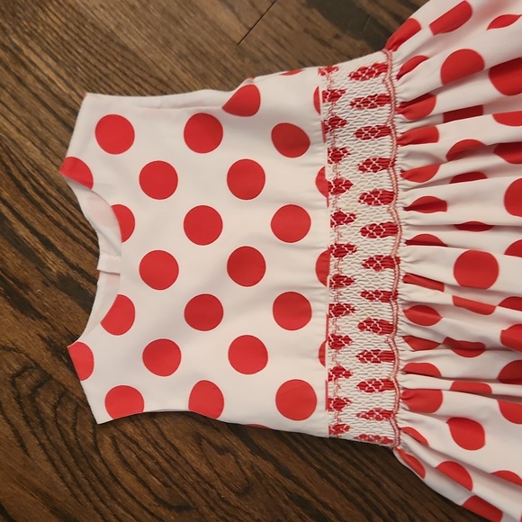 Red and white polka dot smocked dress - Picture 2 of 5